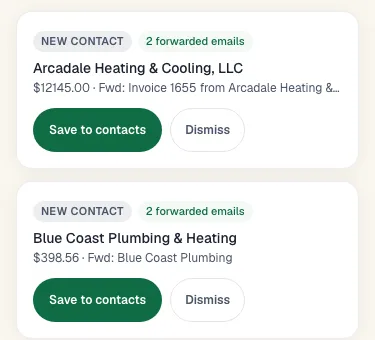 The TrussPad review queue flagging two forwarded emails to confirm — a new heating-and-cooling contact and a plumbing invoice.